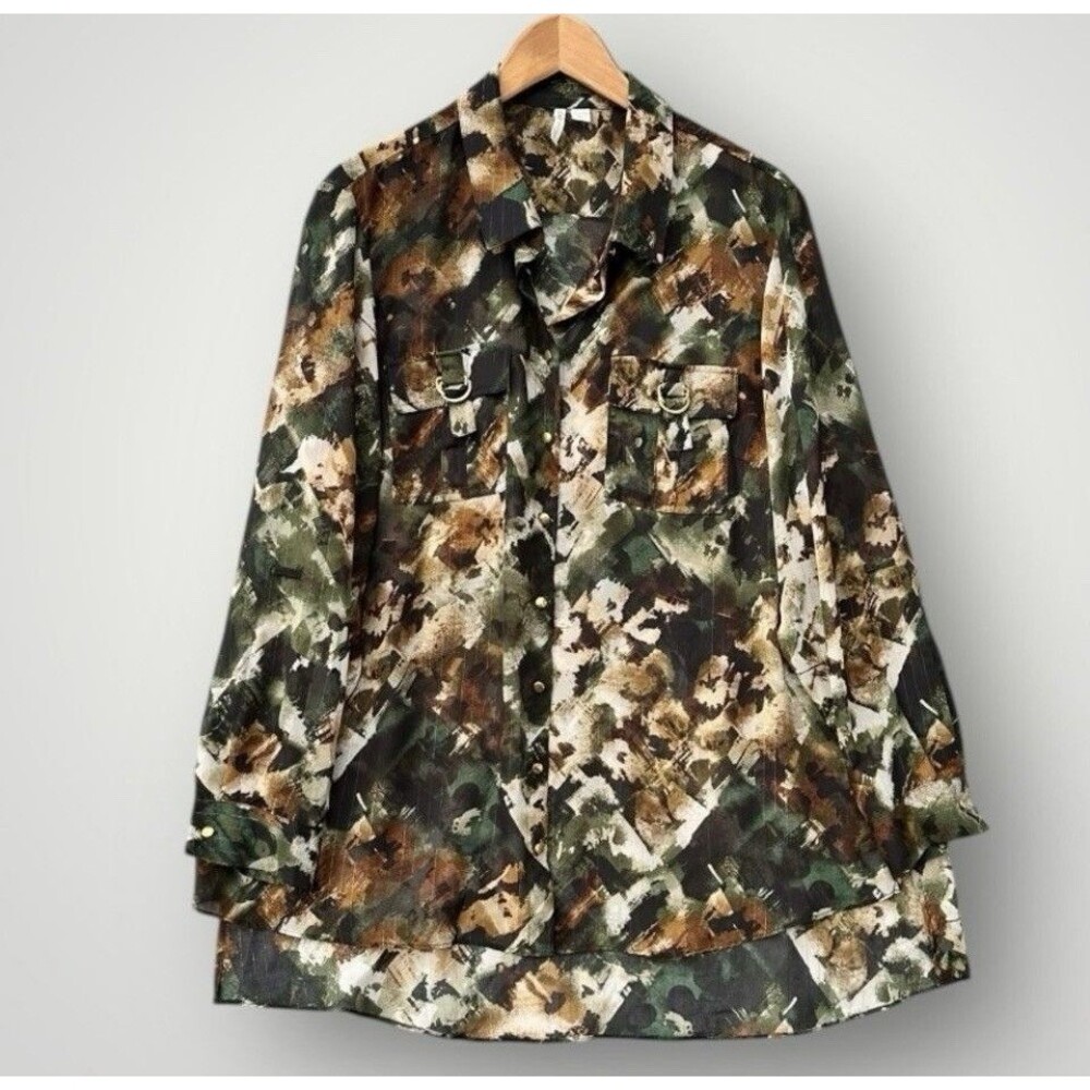 Cato Sheer Camouflage Blouse 18/20W Roll Tab Sleeve Button Front Boho Fairycore